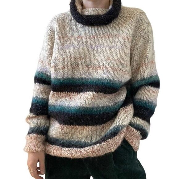 Hand Knit Womens Oversized Mohair Striped Fluffy Fuzzy Cowl Neck Sweater Sz L - Picture 1 of 8